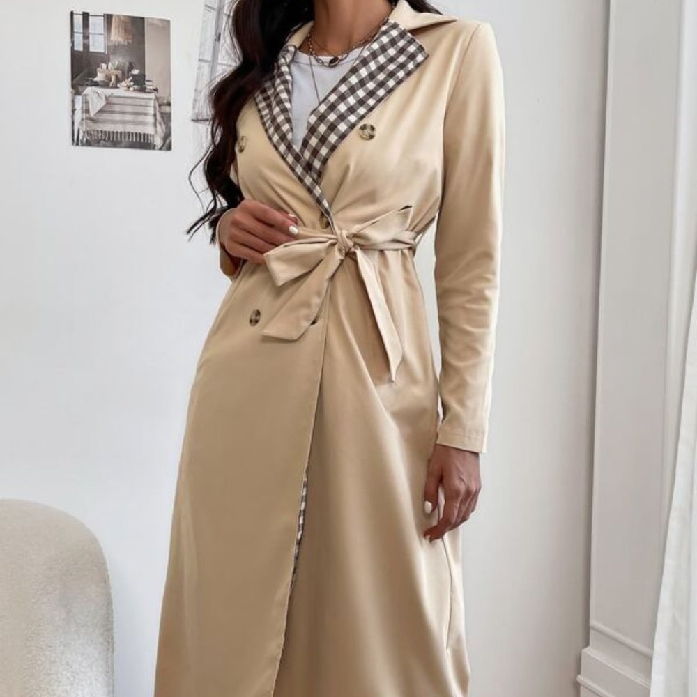 Gingham Lapel Collar Belted Trench Coat - Picture 3 of 7